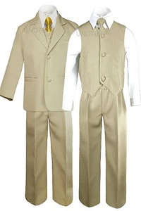 6pc Boy Kid Teen Formal Wedding Khaki Stone Suit Tuxedo Extra Satin Necktie 5-20 - Picture 1 of 74