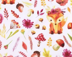 Baumwollstoff 100% Baumwolle weiß rot orange Fuchs Füchse Wald Blumen Kinder - Bild 1 von 6