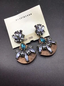Baublebar Pierced Earrings Wood & Blue Acrylic Stones Long Dangles New on Card - Picture 1 of 5
