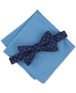 NWT Alfani Galway Mini-Chevron Bow Tie & Solid Pocket Square Set OS Navy Blue - Picture 1 of 6