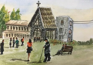 ACEO Original Gemälde Landschaft Kirche Kunst Karte Aquarell Stadt Fine Art - Bild 1 von 3