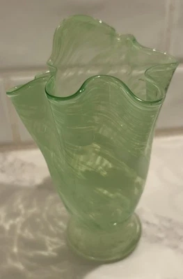 Vintage Lefton Green Swirl Swung Vase 6.5” Ruffled Asymmetrical Top Hand Blown - Image 1 of 4