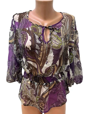GERRY WEBER size L SILK shirt top blouse purple brown 3/4 sleeve chiffon - Image 1 of 4