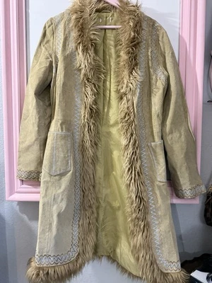 VTG Penny Lane Coat Tan Leather Faux Fur Embroidered Charlotte Russe Y2K Small S - Image 1 of 4