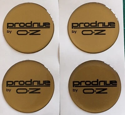 ALLOY WHEEL PFF7 GT1 PRODRIVE OZ DOMED RESIN CENTRE CAP STICKERS X4 GOLD BK 50mm - Image 1 of 4