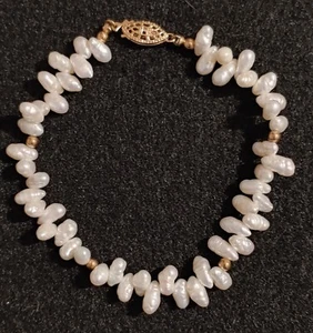 BRACELET - 14k Gold Filled Beads & Clasp , Rice Pearls  7 1/2 Inches Long - Picture 1 of 5