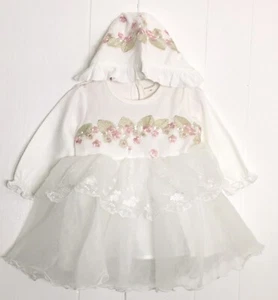 Baby Girl Floral Formal Dress Bonnet hat set 12-18 Month White Long Sleeve - Picture 1 of 12