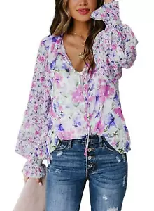Dokotoo Women's Casual Boho Floral Printed V Neck Tops Drawstring Short Long - Picture 1 of 6