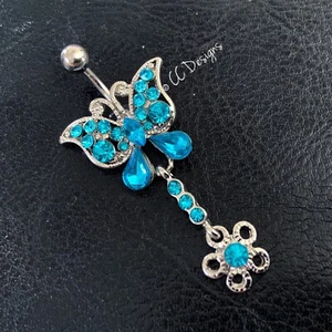 14g blue sparkle cz butterfly dangle flower belly ring B506 - Picture 1 of 3