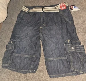 Wrangler Jeans Cargo Shorts Boys Size 14 Husky Blue With Belt Dark Wash Denim - Picture 1 of 13