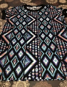 T-Shirt Lularoe L Liv gerippter Ausschnitt & Manschetten groß mehrfarbig aztekisch #24 - Bild 1 von 6
