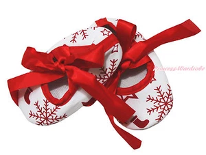 Christmas Red White Snowflakes Sock Ribbon Infant Newborn Baby Crib Shoes NB-18M - Bild 1 von 1