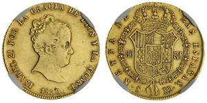 1839 S RD Sevilla Spain 80 Reales de Vellon Escudos Gold Coin KM 578.3 NGC XF 40 - Picture 1 of 8