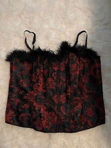 Cacique Plus Size Corset Black and Red with Feathers Size 42 Gothic