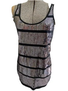 Express Tank Top Womens Medium Black Striped Silver Sequined Sleeveless - Picture 1 of 11