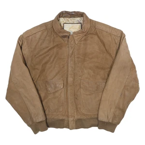 GLOBAL IDENTITY Womens Brown Leather Bomber Jacket L Zip Plain Stylish - Picture 1 of 6