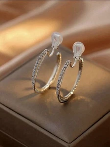 Silver & Rhinestone Luxury Clip On Hoop Earrings - Picture 1 of 3