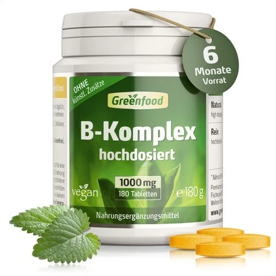 GREENFOOD B-Komplex 50, hochdosiert, 180 Tabletten - alle Vitamine der B-Gruppe. Vegan.