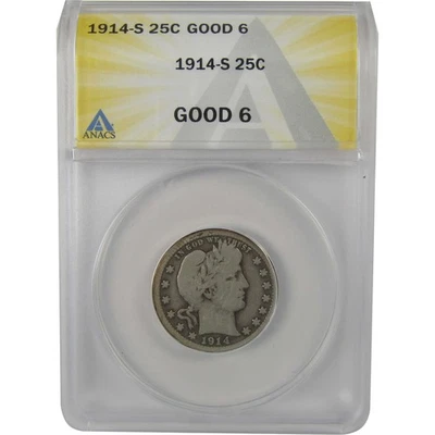 1914 S Barber Quarter G 6 ANACS Silver 25c Coin SKU:I22183 - Image 1 of 4