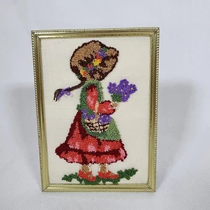 Vintage Hand Made Punch Needle Prairie Girl Cottagecore Decor Framed 5X7 - Picture 1 of 5