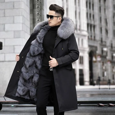 Mens Parker Suit Coat Fox Fur Inner Liner Hooded Thick Warm Winter New Fur Coat - Image 1 of 4