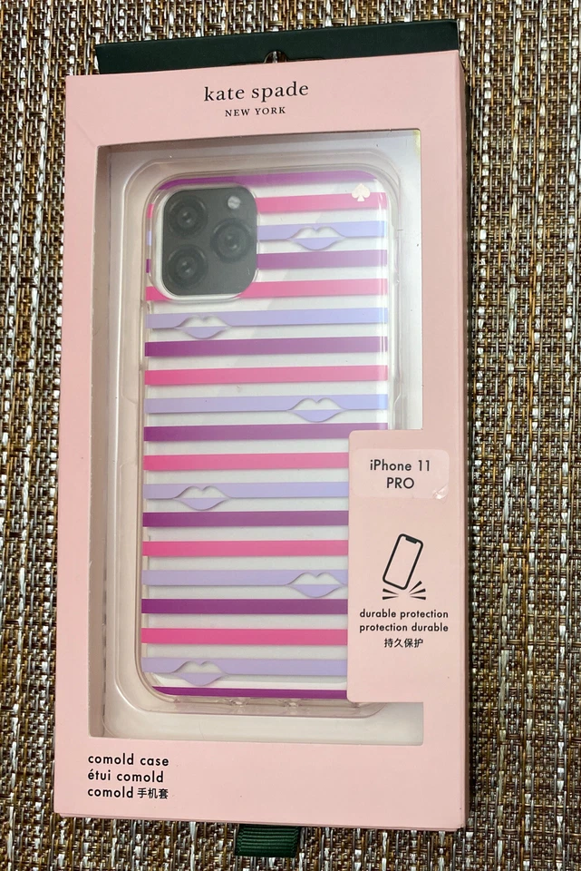 KATE SPADE IPHONE CASE iPHONE 11PRO MULTI STRIPES LAVENDER/PINK/PURPLE WITH LIPS - Image 1 of 4