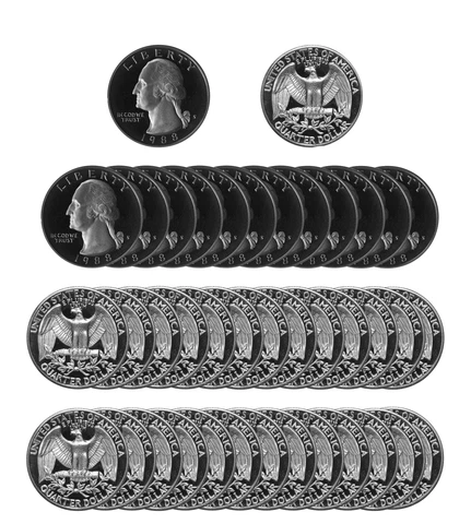 1988 S Washington Quarter 25c Gem Deep Cameo Proof Roll CN-Clad 40 US coins Cover