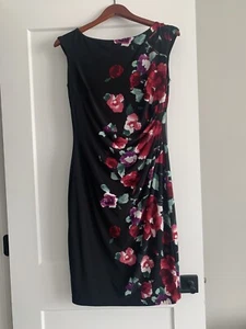 Lauren Ralph Lauren Dress Women Size 8 Midi Black Floral Cowl Ruched Sleeveless - Imagen 1 de 8