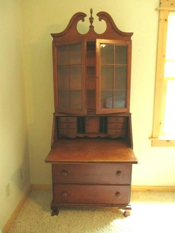 Antique Secretary Desk Glass Front Book Shelf 3 Dovetail Drawers 79" x 31" x 16" Cover