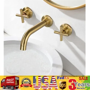 Grifo mezclador de latón para fregadero de baño de montaje en pared moderno 2 manijas dorado cepillado NUEVO - Imagen 1 de 16
