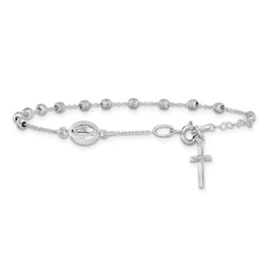 14K Solid White Gold Cross Our Lady of Miraculous Medal Charm Bracelet - Picture 1 of 12