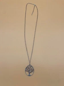 Unmarked Silver-Tone Lengthy Tree w/ Deep Red Rhinestones Pendant Necklace - Picture 1 of 4