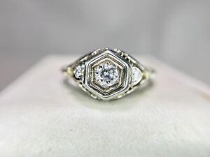 Art Deco 18k White Gold Natural Old European Diamond Filigree Engagement Ring