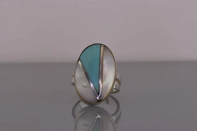 Кольцо из стерлингового серебра с овальной мозаикой перламутром бирюзой 10 г 925 размер: 6 - Изображение 1 из 4