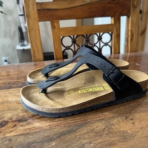 Birkenstock Gizeh Sandal 39 (US 8.5) Fo Leather Black Buckle Narrow Burke-Flor - Picture 1 of 5