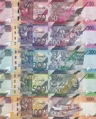 Kenya 50 100 200 500 1000 Shillings 2019&2024 P 52 53 54 55 56 UNC Set 5 pcs - Image 1 of 3