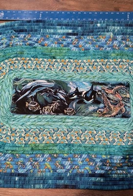 Dolphins, Orcas, Sea Turtles  Blue Reversible Washable Rug - Image 1 of 4