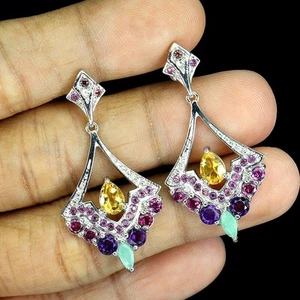 Pendientes De Plata Esterlina 925 Con Gemas De Citrino, Amatista Y Esmeralda - Imagen 1 de 14