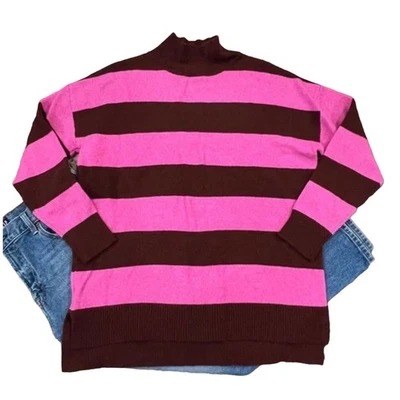 NWT LOFT Pink and Burgundy Striped Mockneck Tunic Sweater -  SIZE LARGE - Image 1 of 4