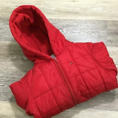 TOMMY HILFIGER Full Zip Up Red Quilted Hooded Jacket Girl's Size Small - Image 1 of 4