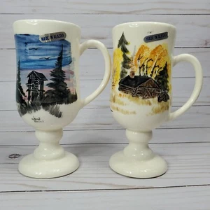 2 Hand Painted Footed Mugs & Jugs Anchor Pt. Alaska Signed Cabin Fall Night NICE - Foto 1 di 13