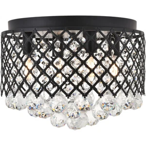 CRYSTAL FLUSH MOUNT MATTE BLACK HALLWAY BEDROOM KITCHEN 4 LIGHT 13" CHANDELIER - Picture 1 of 6