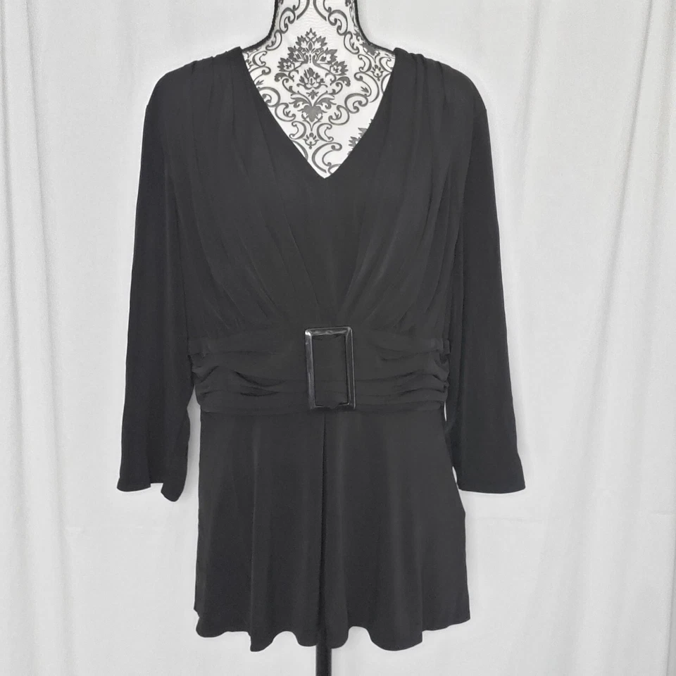 Блузка с длинным рукавом размер 14 XLarge черная облегающая и расклешенная с v-образным вырезом с пряжкой и поясом - Изображение 1 из 4