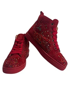 Christian Louboutin High Top Sneakers Shoes Crystals RED Stars •GUC• 35 1/2 -5.5 - Picture 1 of 19