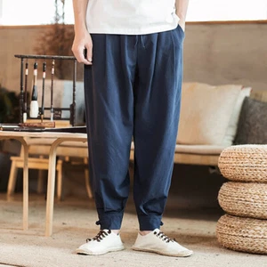 Mens Linen Pants Loose Baggy Ethnic Taperd Trousers Drawstring Elastic Wasit - Picture 1 of 16