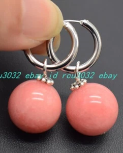 New Rare Natural 14mm Pink Rhodochrosite Coin Round Gemstone Beaded Earrings - Picture 1 of 12