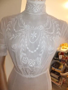 Antique Ivory Edwardian Tea Wedding Bridal Dress Embroidered & Lace Cotton SZ S - Picture 1 of 24
