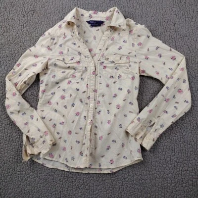 Top para mujer Miley Cyrus Max Azria cuello mediano floral botones bolsillos blancos Foto 1 de 4