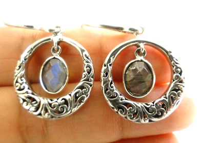 Labradorite Solitaire Ornate Circle Dangle Drop 925 Sterling Silver Earrings - Image 1 of 3