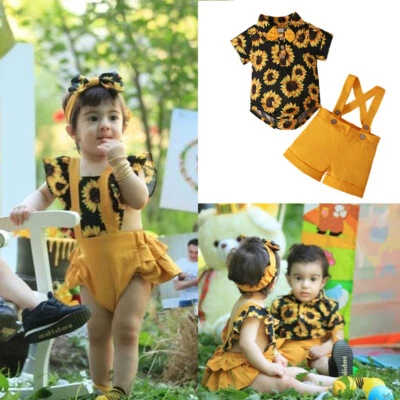 2PCS Newborn Baby Girl Clothes Sunflower Romper Bodysuit Shorts Headband Set - Image 1 of 4